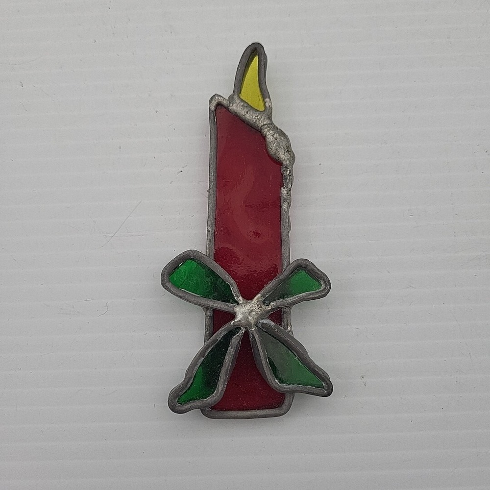 Vintage Handmade Stained Glass Christmas Candle Hanging Suncatcher Red Green